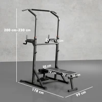 HOMCOM Estación de Musculación Torre de Entrenamiento Altura Ajustable con Barra de Dominadas y Banco Plegable para Fitness en Casa Gimnasio Carga 150 kg 99x178x230 cm Negro(m-3)