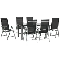 Outsunny 7 Piece Garden Dining Set - Outdoor Table and 6 Folding and Reclining Chairs with Aluminium Frame, Tempered Glass Top Table, Texteline Seats, Black(m-11)