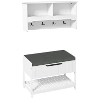 HOMCOM Mobila Cuier de Perete cu Banca Suport pentru Pantofi Dotata cu Cuburi de Perete, 4 Carlige si Raft Retractabil, 80x20x40 cm, Alb(m-1)