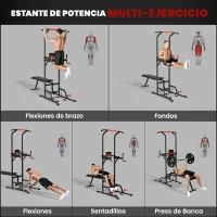HOMCOM Estación de Musculación Multifuncional Torre de Entrenamiento Ajustable en Altura con Banco Plegable Barra de Dominadas para Fitness 220x98x181-229 cm Negro(m-4)
