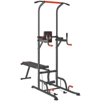 HOMCOM Estación de Musculación Multifuncional Torre de Entrenamiento Ajustable en Altura con Banco Plegable Barra de Dominadas para Fitness 220x98x181-229 cm Negro(m-1)