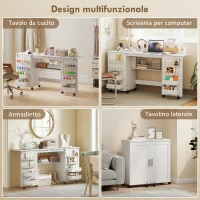 HOMCOM Tavolo da Cucito Pieghevole per Macchina da Cucire con Ripiani, 20 Pioli, Ruote con Blocco, Bianco(m-6)