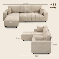 HOMCOM Divano angolare reversibile, 3 posti con penisola, 2 cuscini, struttura in acciaio, 242x156x87cm, Beige(m-3)