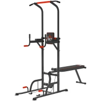HOMCOM Estación de Musculación Multifuncional Torre de Entrenamiento Ajustable en Altura con Banco Plegable Barra de Dominadas para Fitness 220x98x181-229 cm Negro(m-11)