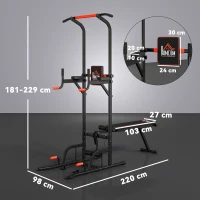 HOMCOM Estación de Musculación Multifuncional Torre de Entrenamiento Ajustable en Altura con Banco Plegable Barra de Dominadas para Fitness 220x98x181-229 cm Negro(m-3)
