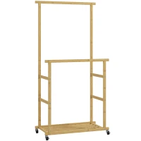 HOMCOM Clothes Rack with 2 Bars, Lower Shelf and 4 Wheels in Bamboo, 80x40x160 cm, Natural Wood(m-1)