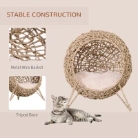 PawHut Rattan Elevated Cat Bed House Kitten Basket Ball-Shaped Pet Furniture w/ Removable Cushion - Natural(m-5)