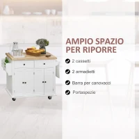 HOMCOM Carrello da Cucina con 2 Cassetti e 2 Armadietti, Isola da Cucina con Piano in Legno, Portaspezie e Porta Canovacci, Bianco(m-4)
