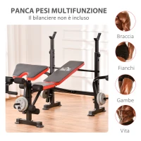 HOMCOM Panca Multifunzione Regolabile con Supporto per Bilanciere, in Acciaio e Plastica, 175x139x127 cm, Rosso e Nero(m-4)