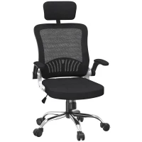 Vinsetto Scaun pentru Birou din Plasa cu Spatar Inalt, Scaun de Birou pentru Computer cu Suport Lombar, Cotiere Rabatabile, Tetiera si Inaltime Reglabila, Negru(m-1)