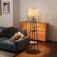 HOMCOM Lampada da Terra a 2 Ripiani in Metallo e MDF con Paralume in Tessuto, Ø42x166 cm, Nero e Marrone(m-2)