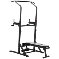 HOMCOM Estación de Musculación Torre de Entrenamiento Altura Ajustable con Barra de Dominadas y Banco Plegable para Fitness en Casa Gimnasio Carga 150 kg 99x178x230 cm Negro(m-11)