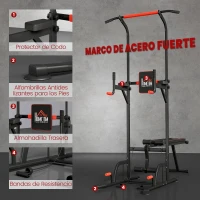 HOMCOM Estación de Musculación Multifuncional Torre de Entrenamiento Ajustable en Altura con Banco Plegable Barra de Dominadas para Fitness 220x98x181-229 cm Negro(m-7)