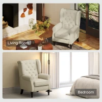 HOMCOM Scaun Decorativ Capitonat cu Spatar Inalt, Cotiere Rotunjite Captusite și Sezut cu Captuseala Groasa, Alb Crem(m-8)