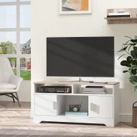 HOMCOM Mobile TV con 3 Scomparti Aperti, 2 Armadietti e Piano d'Appoggio, Mobile per TV fino a 50", in Truciolato, 105x40x52cm, Bianco e Legno(m-2)