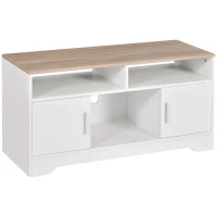 HOMCOM Mobile TV con 3 Scomparti Aperti, 2 Armadietti e Piano d'Appoggio, Mobile per TV fino a 50", in Truciolato, 105x40x52cm, Bianco e Legno(m-11)
