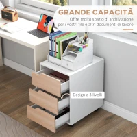 HOMCOM Cassettiera in MDF con 3 Cassetti e Ruote per Ufficio o Studio Bianca e Legno, 40x50x57.5cm(m-4)