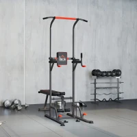 HOMCOM Estación de Musculación Multifuncional Torre de Entrenamiento Ajustable en Altura con Banco Plegable Barra de Dominadas para Fitness 220x98x181-229 cm Negro(m-9)