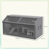 PawHut Hamster Cage, Wooden Small Animal Cage for Gerbils, Mice w/ Suspension Bridge, Openable Top, Hut, 85 x 45 x 44cm - Grey(m-3)