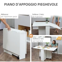 HOMCOM Tavolo Pieghevole Salvaspazio, 2 Ripiani Inferiori in Legno,  Tavolo Richiudibile Salvaspazio, con Ruote per 6 Persone, 75P x 140l x 74H cm, Bianco(m-4)