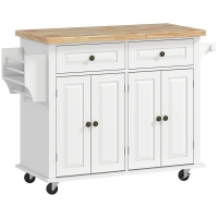 HOMCOM Carrello da Cucina con 2 Cassetti e 2 Armadietti, Isola da Cucina con Piano in Legno, Portaspezie e Porta Canovacci, Bianco