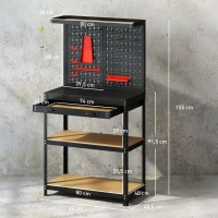 HOMCOM Werkbank 80 x 40,5 x 155 cm gereedschapsbank met perforatiebord, haken, lade, 2 planken voor werkplaats Zwart(m-3)