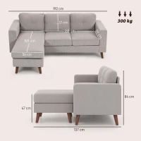 HOMCOM Divano ad angolo reversibile in velluto a coste, 3 posti con penisola, telaio in acciaio, 192x137x84cm, Grigio chiaro(m-3)