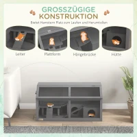 PawHut Hamsterkooi, kleindierkooi van hout, hangbrug, ladders, hut, 84 x 45 x 44 cm, voor dwerghamsters, grijs(m-4)