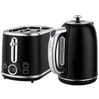 HOMCOM Set waterkoker en broodrooster, LED-display, 1,7 liter, 2200 W, retro-design, geheugenfunctie, zwart