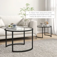 HOMCOM Conjunto de 2 Mesas de Apoio Redondas Bancada de Vidro Temperado e Estrutura de Aço Grande 70 cm Pequena 54 cm Preto e Transparente(m-5)