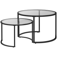 HOMCOM Conjunto de 2 Mesas de Apoio Redondas Bancada de Vidro Temperado e Estrutura de Aço Grande 70 cm Pequena 54 cm Preto e Transparente