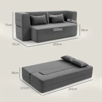 HOMCOM Canapé-lit 2 places en mousse, canapé convertible avec larges accoudoirs, 2 coussins, capacité 360 kg, Gris(m-3)