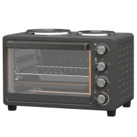 HOMCOM 28L Mini Oven with 2 Hot Plates, Countertop Toaster Oven, Grill, Roast, Bake, Boil, with Timer, Adjustable Temperature, Electric Oven with Baking Tray, Grill Rack, Crumb Tray, 2600W, Black(m-11)