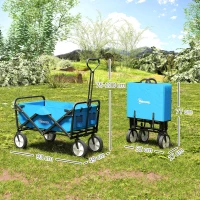 Outsunny 90L Folding Garden Trolley Cart Pull Along Wagon with Telescopic Handle for Beach Camping Festival - Blue(m-3)