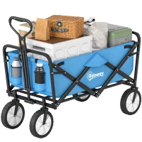 Outsunny 90L Folding Garden Trolley Cart Pull Along Wagon with Telescopic Handle for Beach Camping Festival - Blue(m-11)