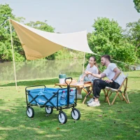 Outsunny 90L Folding Garden Trolley Cart Pull Along Wagon with Telescopic Handle for Beach Camping Festival - Blue(m-9)