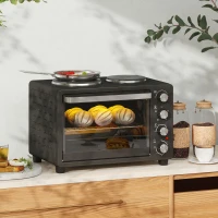 HOMCOM 28L Mini Oven with 2 Hot Plates, Countertop Toaster Oven, Grill, Roast, Bake, Boil, with Timer, Adjustable Temperature, Electric Oven with Baking Tray, Grill Rack, Crumb Tray, 2600W, Black(m-2)