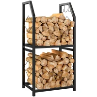 Outsunny Portalegna da Esterno e Interno a 2 Livelli con 3 Ganci Laterali in Acciaio, 41x30x81 cm, Nero(m-11)