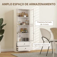 HOMCOM Armário de Cozinha Alto Móvel Auxiliar de Cozinha com 4 Portas de Vidro 2 Gavetas Prateleiras Ajustáveis 59x30x170 cm, Branco(m-4)