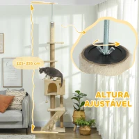 PawHut Arranhador para Gatos do Chão ao Teto de 225-265 cm  com Altura Ajustável Múltiplas Plataformas Escada Bola Suspensa Bege(m-4)