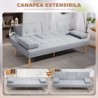 HOMCOM Canapea Pat cu Spătar Reglabil 3 Trepte, Tapițerie din In, Suport Pahare și Măsuță Rabatabilă, Picioare din Lemn, gri deschis(m-4)