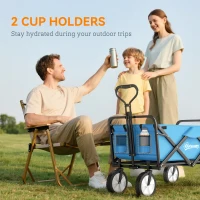 Outsunny 90L Folding Garden Trolley Cart Pull Along Wagon with Telescopic Handle for Beach Camping Festival - Blue(m-8)