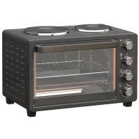 HOMCOM 28L Mini Oven with 2 Hot Plates, Countertop Toaster Oven, Grill, Roast, Bake, Boil, with Timer, Adjustable Temperature, Electric Oven with Baking Tray, Grill Rack, Crumb Tray, 2600W, Black(m-1)