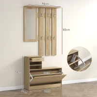 HOMCOM Meuble d'entrée vestiaire panneau porte-manteau, miroir et banc à chaussures - 6 crochets 90x10x102cm effet bois naturel(m-3)