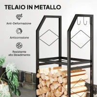 Outsunny Portalegna da Esterno e Interno a 2 Livelli con 3 Ganci Laterali in Acciaio, 41x30x81 cm, Nero(m-6)