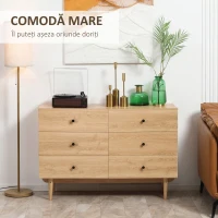 HOMCOM Comodă 6 sertare mobilier de depozitare picioare din lemn masiv 120 x 40 x 80 cm culoare lemn(m-4)