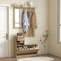 HOMCOM Meuble d'entrée vestiaire panneau porte-manteau, miroir et banc à chaussures - 6 crochets 90x10x102cm effet bois naturel(m-7)