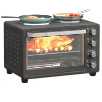 HOMCOM 28L Mini Oven with 2 Hot Plates, Countertop Toaster Oven, Grill, Roast, Bake, Boil, with Timer, Adjustable Temperature, Electric Oven with Baking Tray, Grill Rack, Crumb Tray, 2600W, Black(m-10)