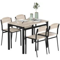 HOMCOM Set de masa din 5 Piese cu 1 masa dreptunghiulara 100x63x76.5 cm si 4 Scaune 45x40x82 cm, din otel si MDF, Negru si lemn natural(m-1)