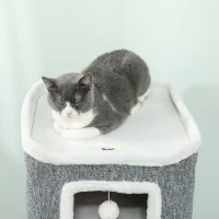 PawHut Torre para Gatos con 3 Casitas, 3 Pelotas y Plataforma, en Madera, Tejido y Peluche, 41x41x100 cm, Gris y Blanco(m-4)